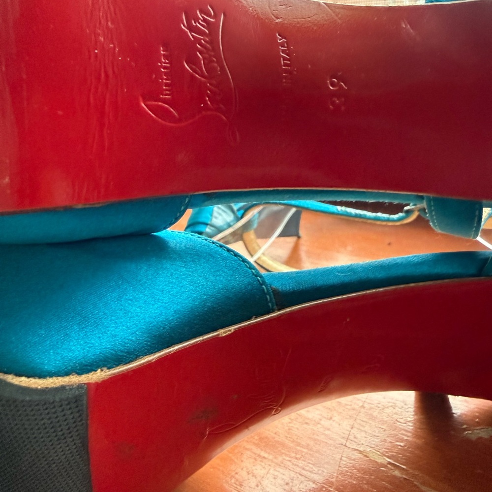 Christian Louboutin Teal Satin T-Strap Peep-Toe Heels with Bow Accent - Women - Picture 8 of 8